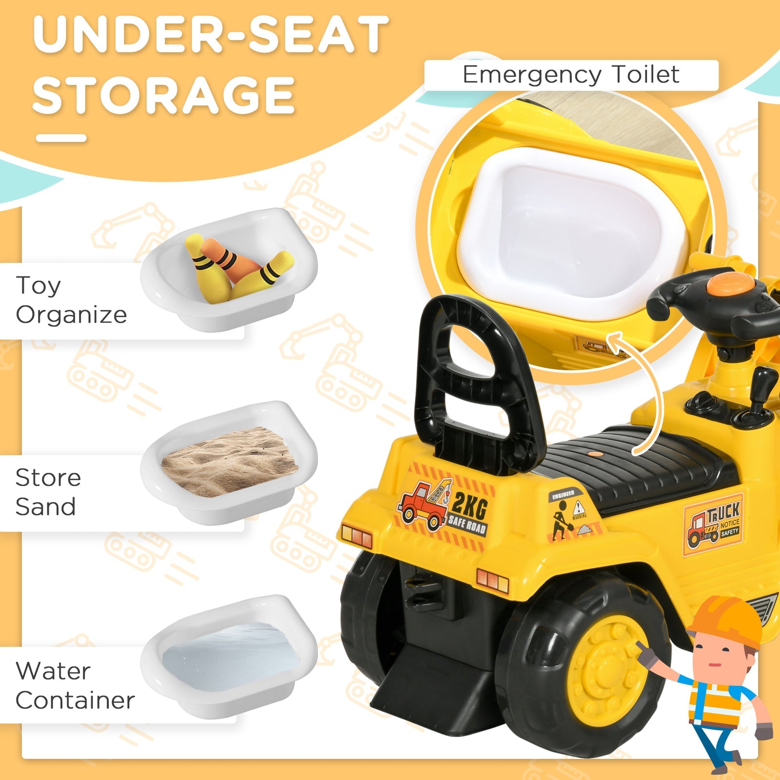 Kids Ride-On Excavator Bulldozer with Under-Seat Storage and Pull Cart