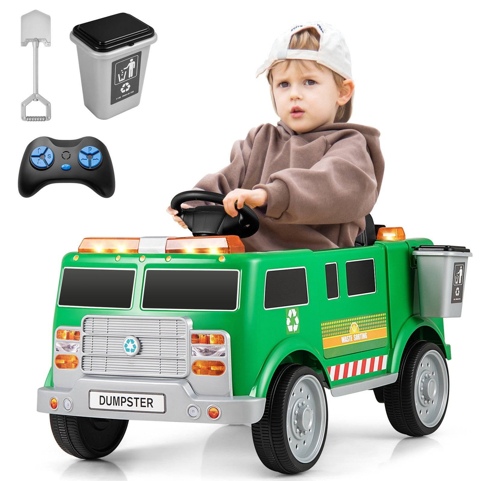 Ride-On Garbage Truck with Remote Control, Trash Bin, Shovel, Lights, and Sound Effects