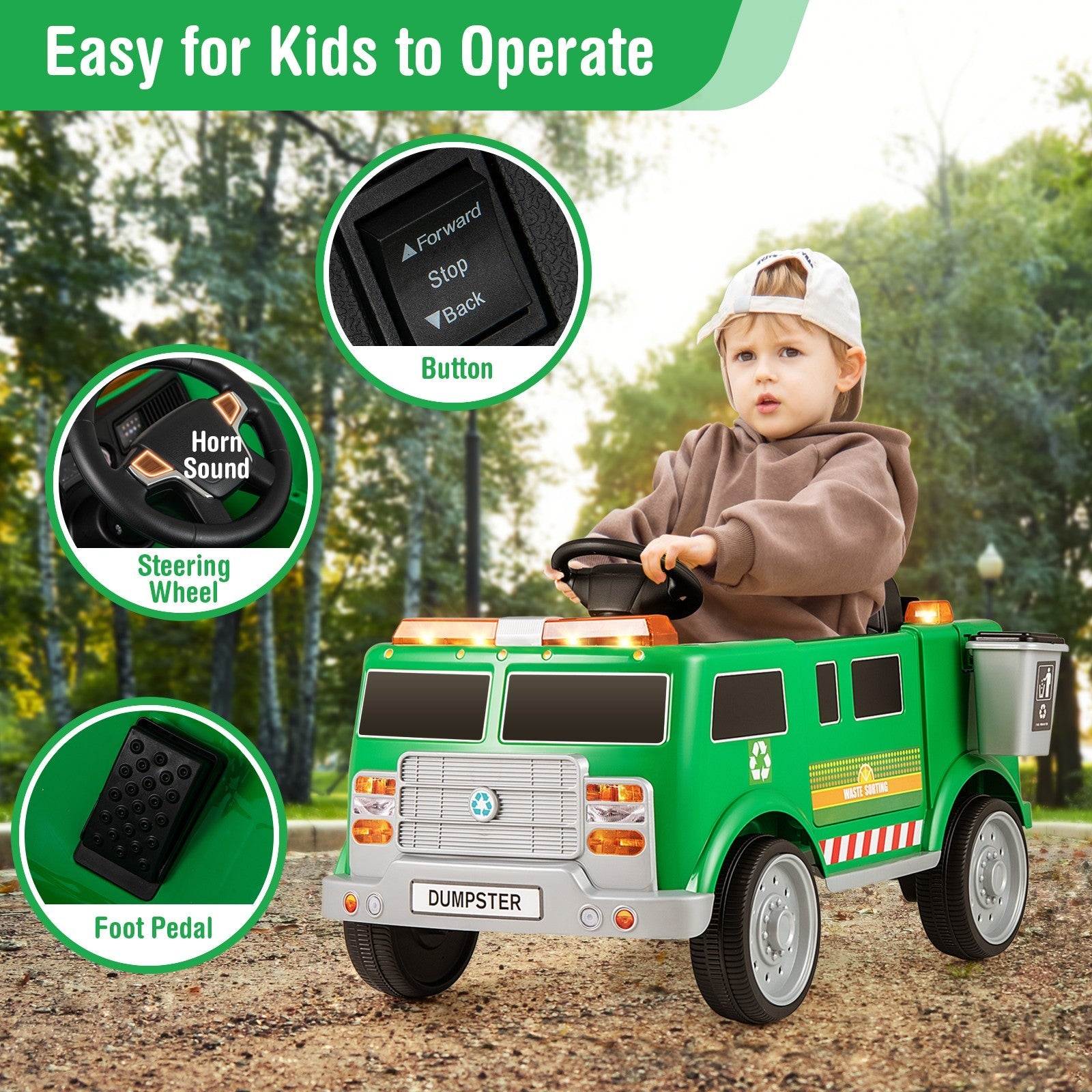 Ride-On Garbage Truck with Remote Control, Trash Bin, Shovel, Lights, and Sound Effects
