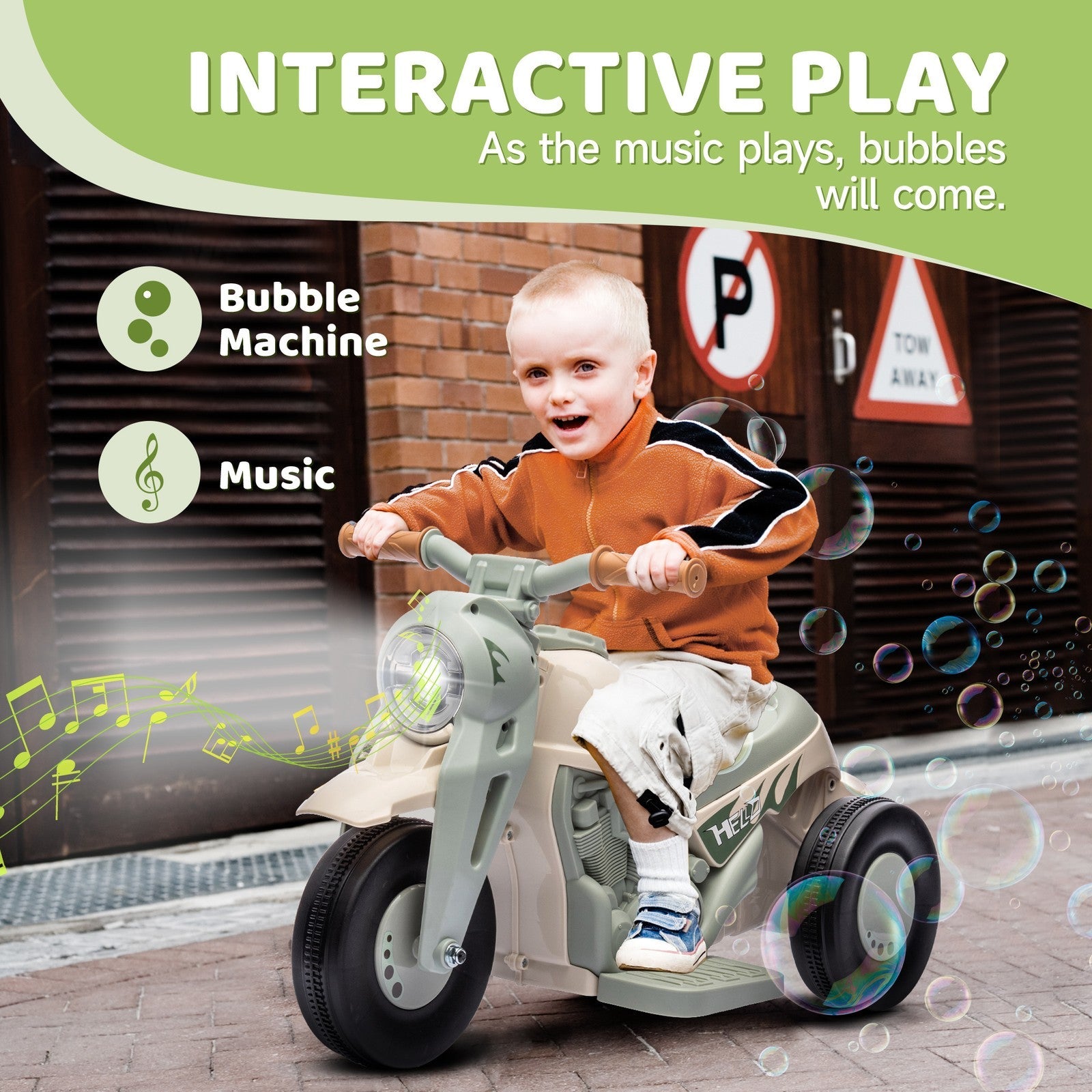 6V Ride-On Motorcycle and Bubble Car with Music - Cream Color