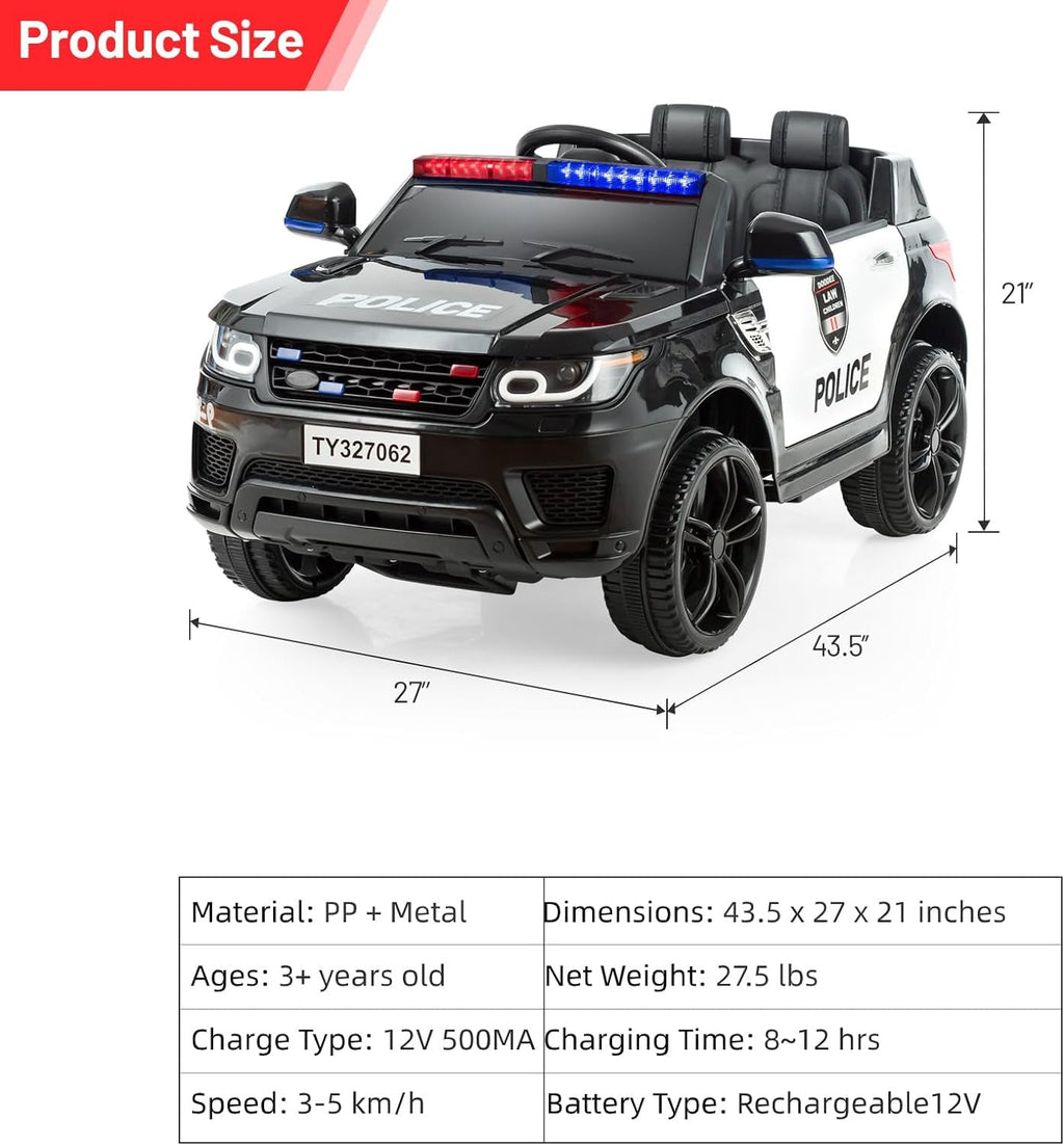 12V Electric Ride-On Police Car for Kids with Siren, Flashing Lights, and Horn
