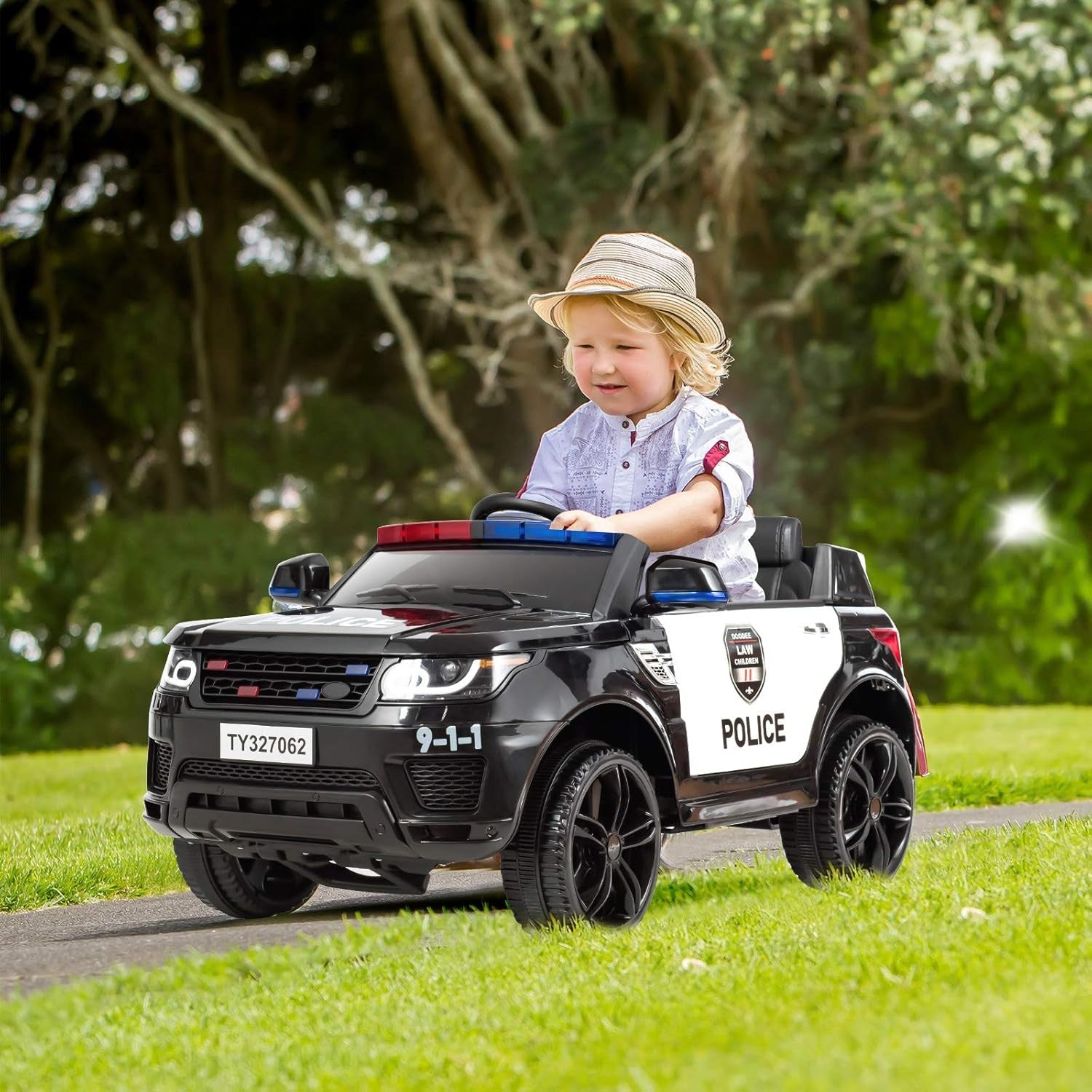 12V Electric Ride-On Police Car for Kids with Siren, Flashing Lights, and Horn
