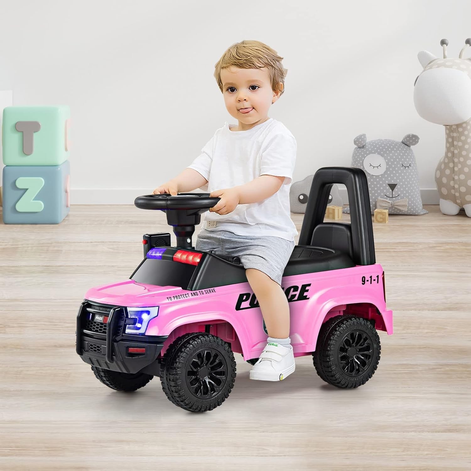 Toddler Ride-On Push Police Car Foot-to-Floor Sliding Toy with Siren