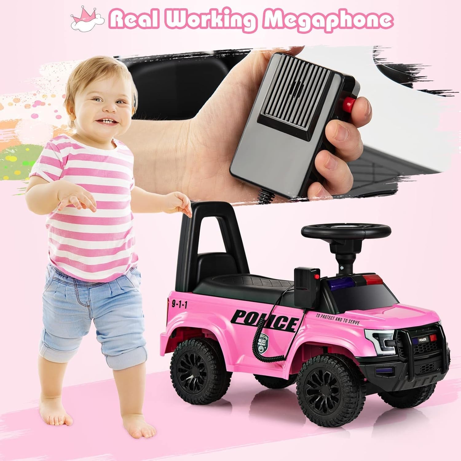 Toddler Ride-On Push Police Car Foot-to-Floor Sliding Toy with Siren