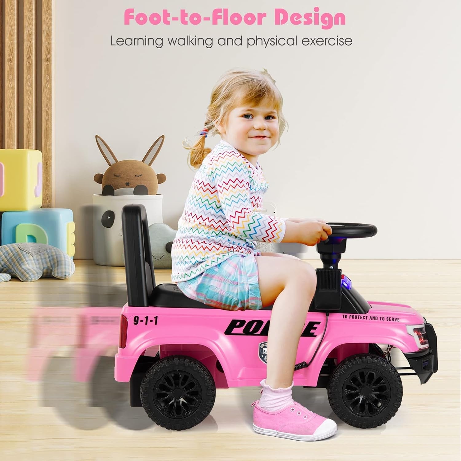 Toddler Ride-On Push Police Car Foot-to-Floor Sliding Toy with Siren