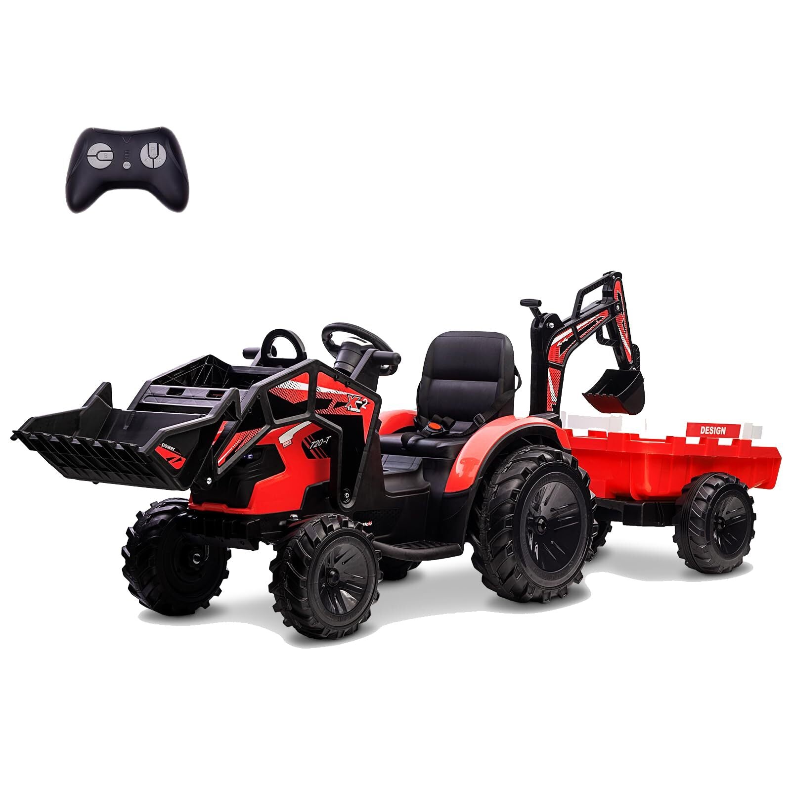 24V Electric Ride-On Tractor for Kids with Trailer, Excavator, and Bulldozer Attachments