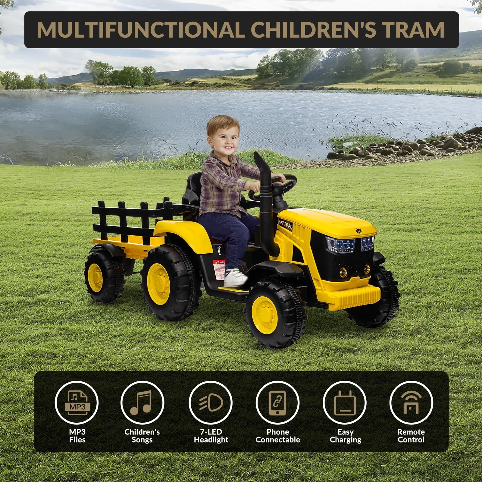 12V Electric Ride-On Tractor with Trailer for Kids, Battery Powered Vehicle