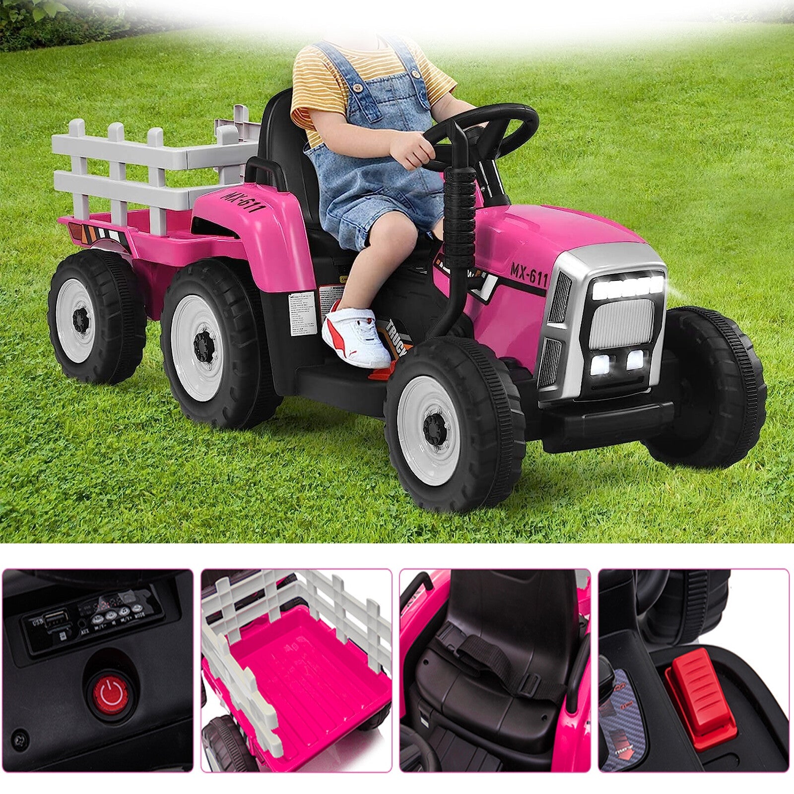 12V Battery-Powered Electric Ride-On Tractor Toy with Trailer and Remote Control